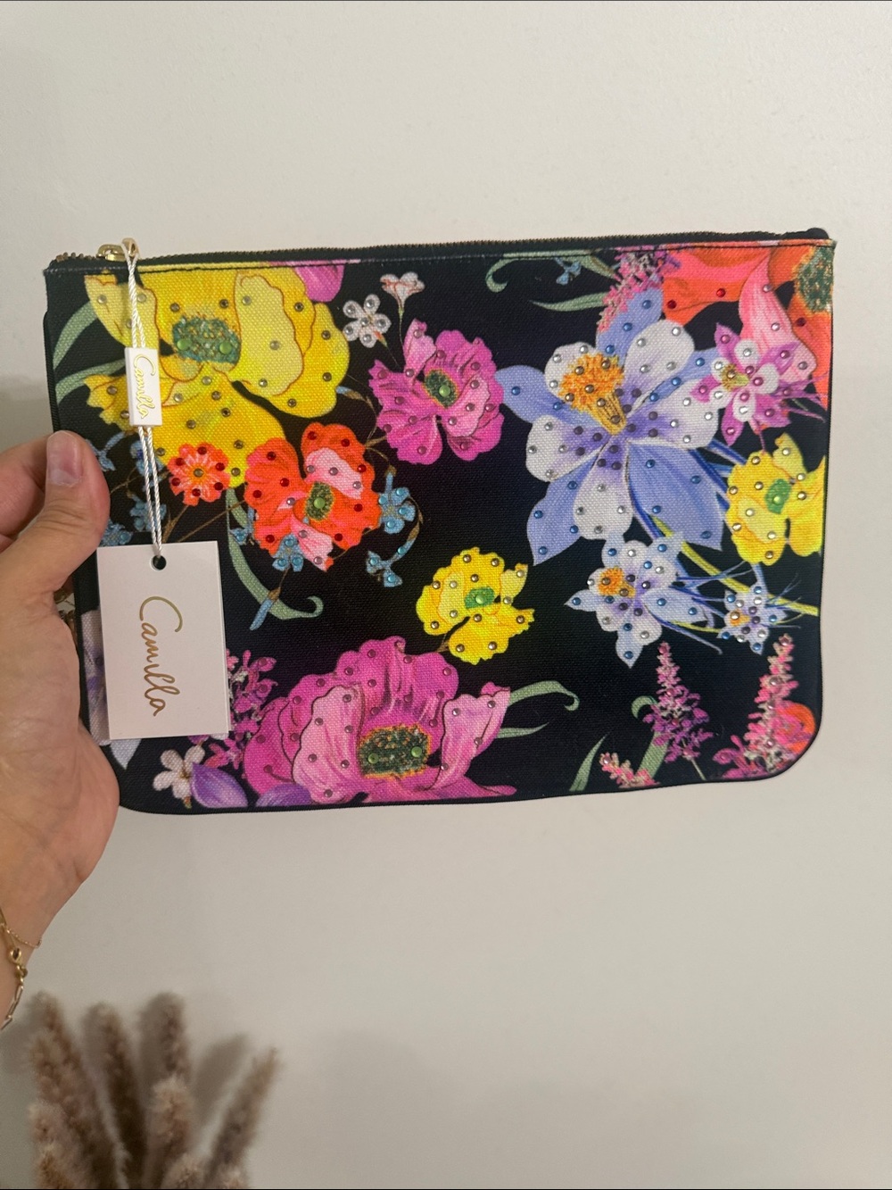 Camilla Black Floral Cosmetic Pouch with Multicolor Crystal Accents